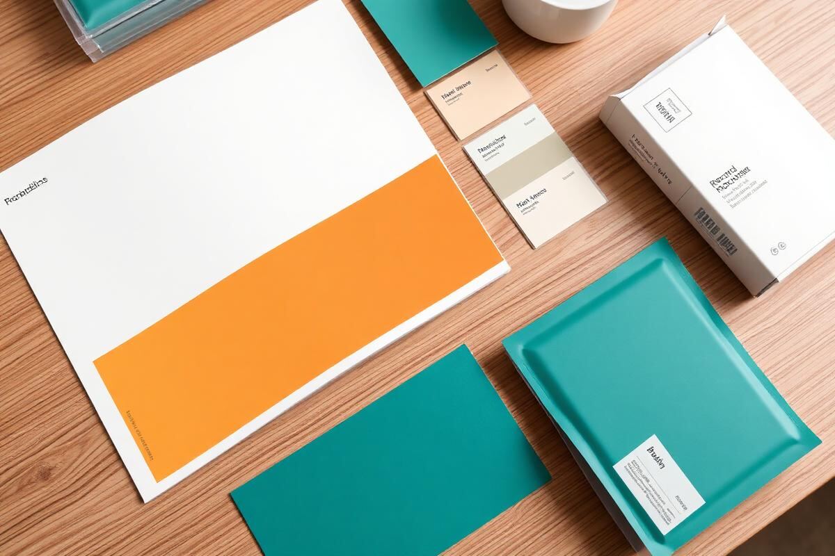 Brand guideline booklet, colour swatches and packaging mockups on a desk